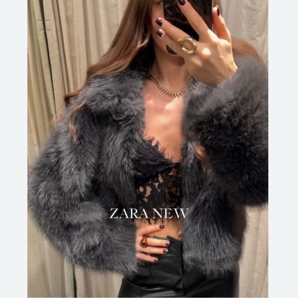 ZARA Short Faux Fur Toggle Coat Jacket in Dark Charcoal Gray Brand New Size S